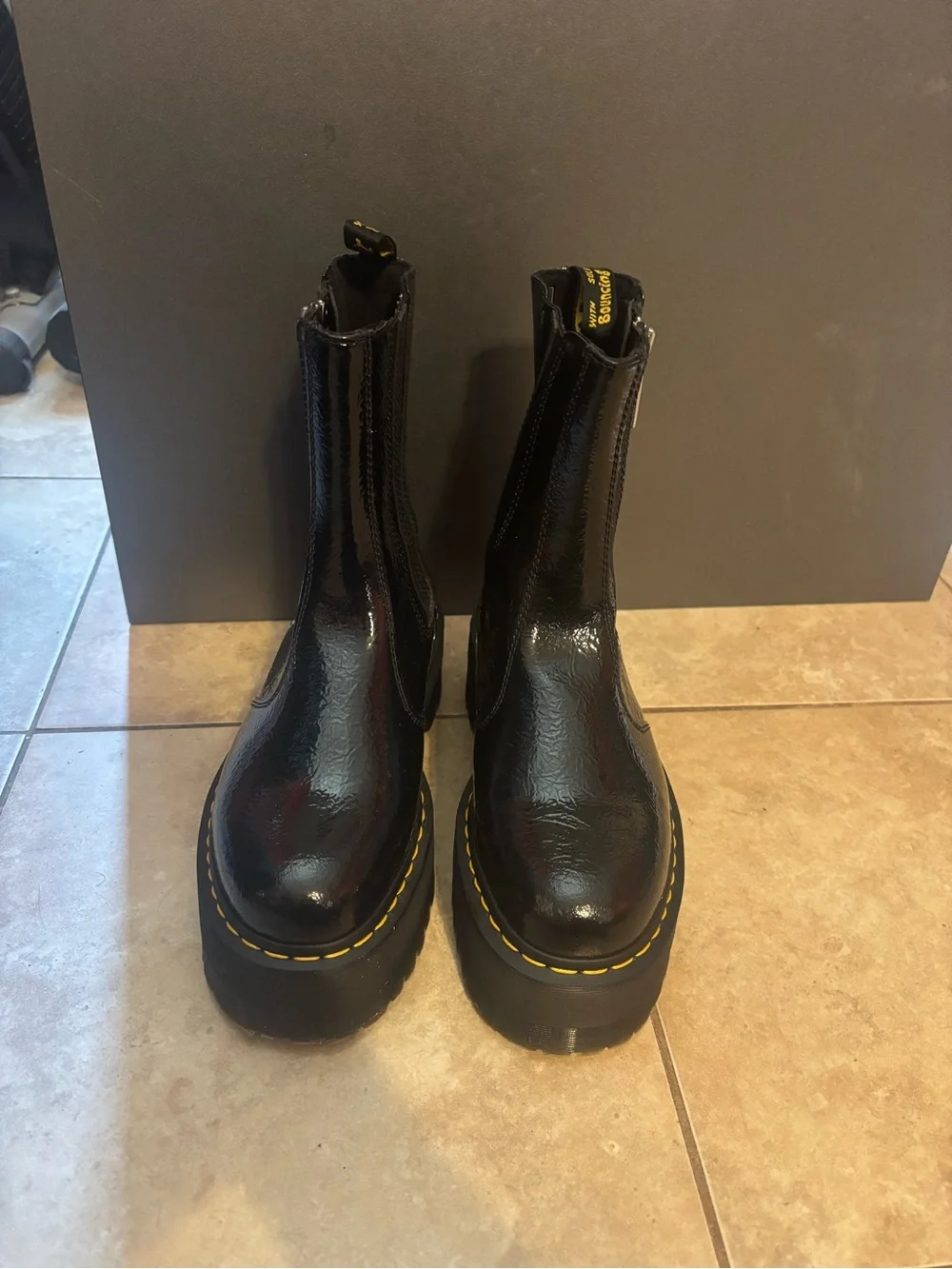 Dr. Martens Black Patent Platform 2976 Distressed Boots